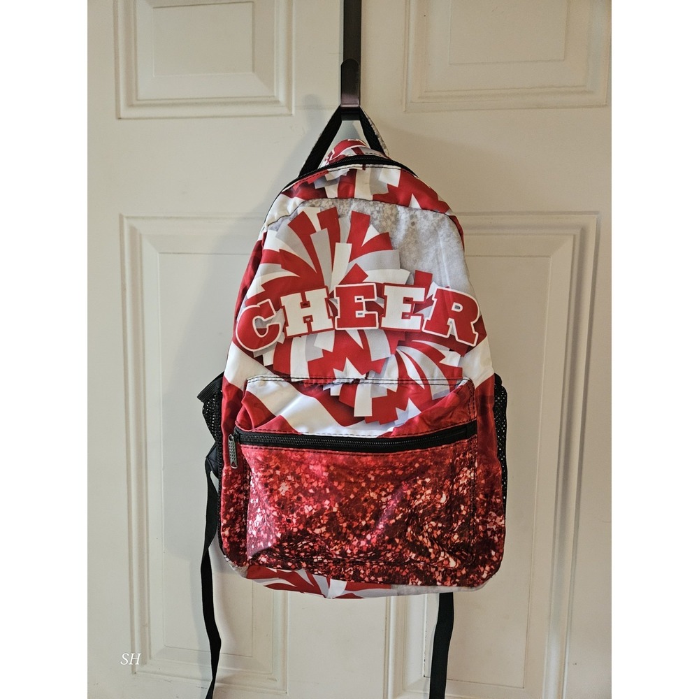 Cheer Backpack Red White Glitter Pom Pom Print‎ School Dance Cheerleading Bag